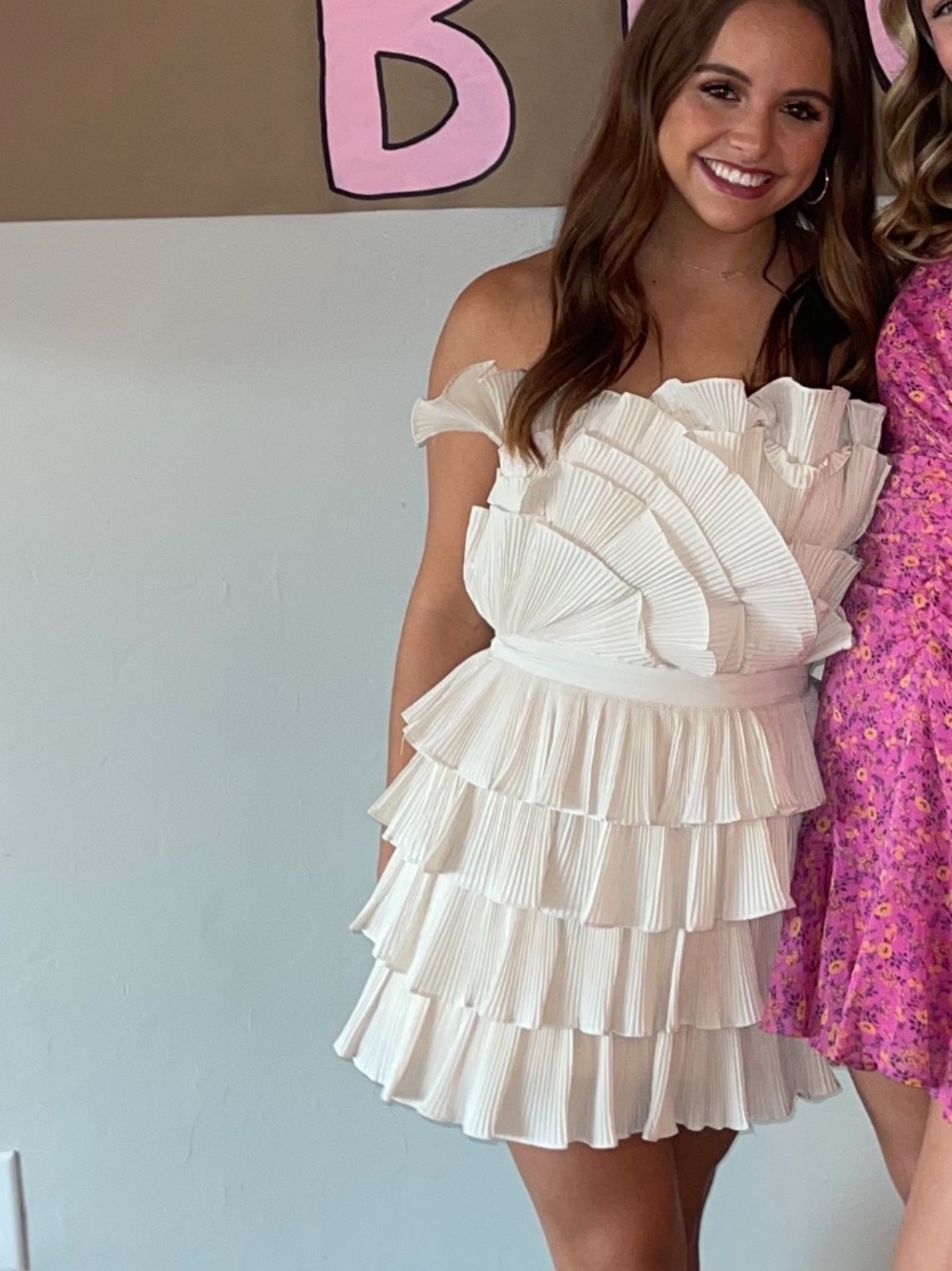 Off-Shoulder Cream Tiered Ruffle Mini Dress